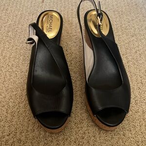 Michael Kors 9.5 black leather peep toe wedges. Cork heel. EUC